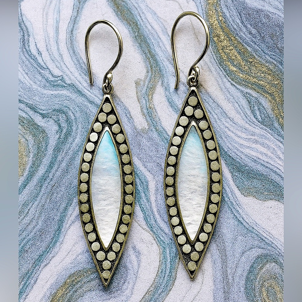 Sterling Silver Genuine Mother of Pearl Elongated Earrings Drop Dangle Earrings